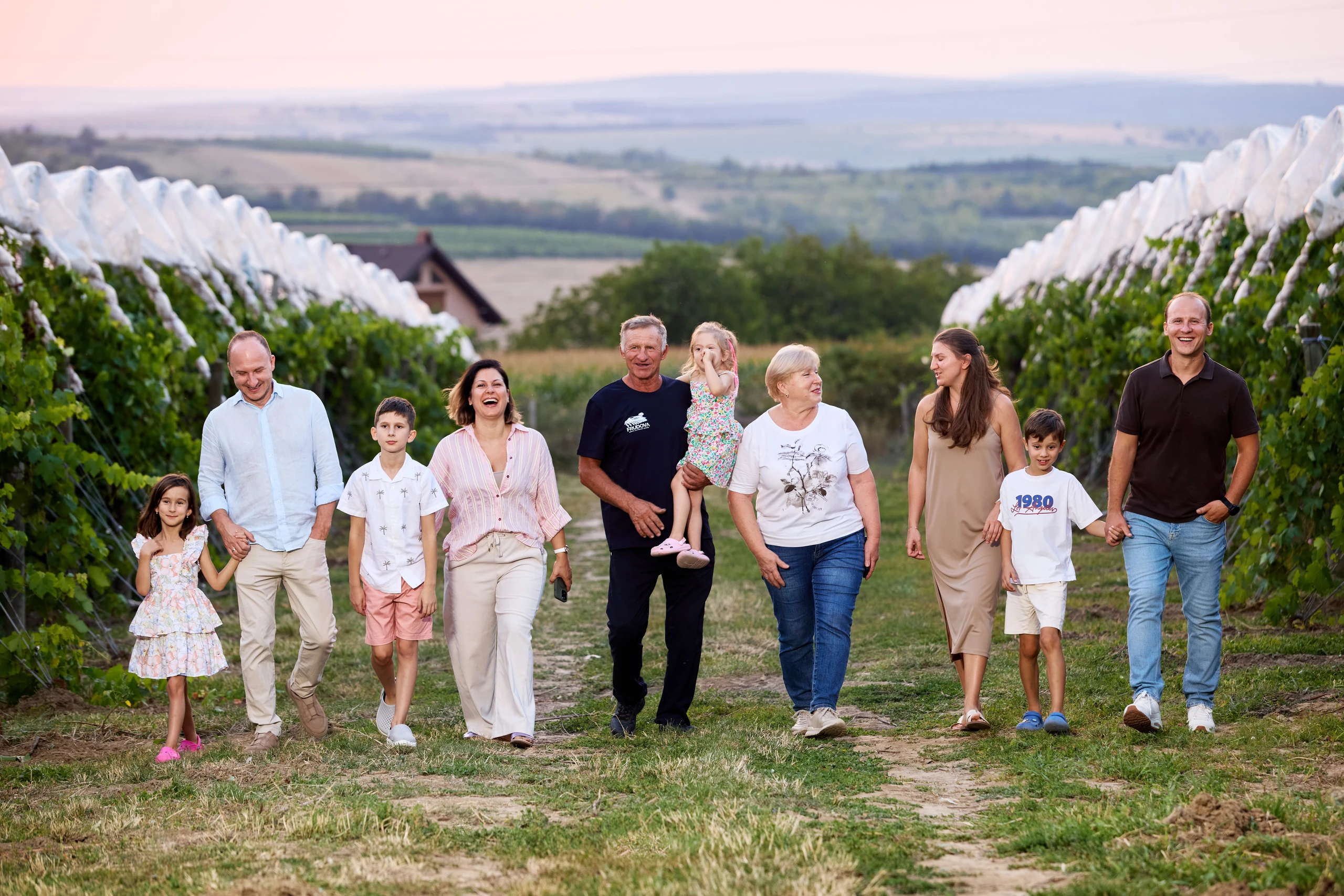 A family of nine walks down a grassy path between rows of vineyard vines at dusk, with rolling hills behind them.