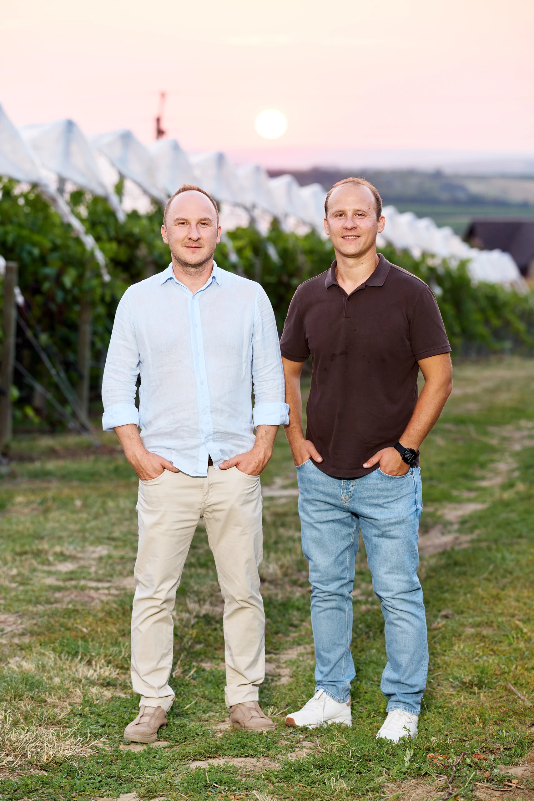 Two men stand side by side in a vineyard at sunset, with white netting over the grapevines behind them.