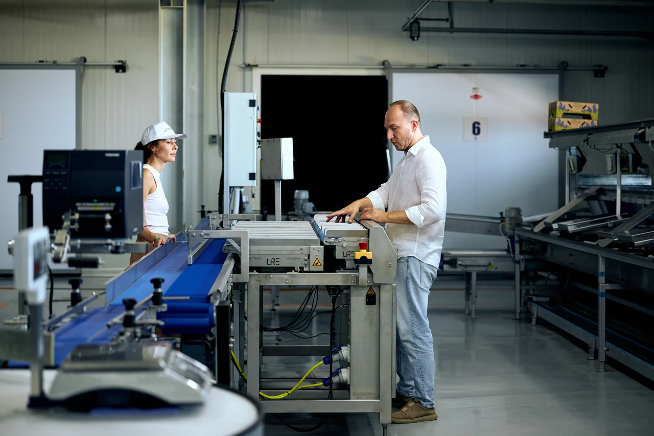 Staff operating packing equipment beside a conveyor